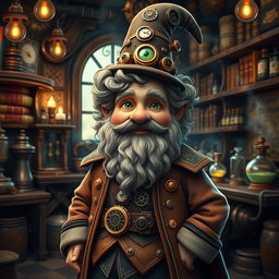 A whimsical steampunk wizard gnome with curly hair inspired by Tyrion Lannister, showcasing his distinctive features such as a well-groomed beard, twinkling green eyes, and a charming smile