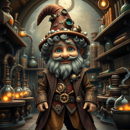 A whimsical steampunk wizard gnome with curly hair inspired by Tyrion Lannister, featuring his distinct facial structure, twinkling green eyes, and a charming smile