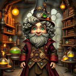 A whimsical steampunk wizard gnome with curly hair inspired by Tyrion Lannister, featuring his distinct facial structure, twinkling green eyes, and a charming smile