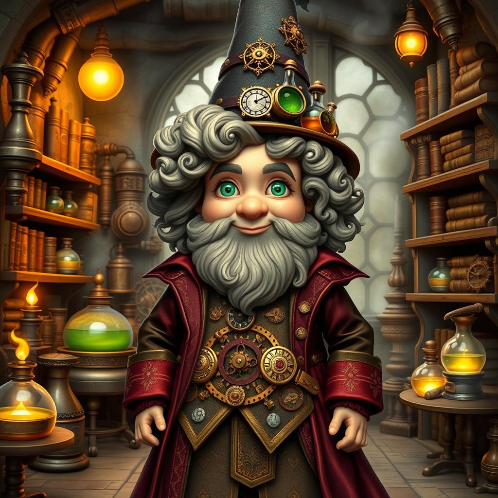 A whimsical steampunk wizard gnome with curly hair inspired by Tyrion Lannister, featuring his distinct facial structure, twinkling green eyes, and a charming smile