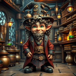 A whimsical steampunk wizard gnome with curly hair inspired by Tyrion Lannister, featuring his distinct facial structure, twinkling green eyes, and a charming smile