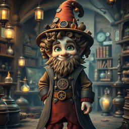 A whimsical steampunk wizard gnome with curly hair inspired by Tyrion Lannister, featuring his distinct facial structure, twinkling green eyes, and a charming smile