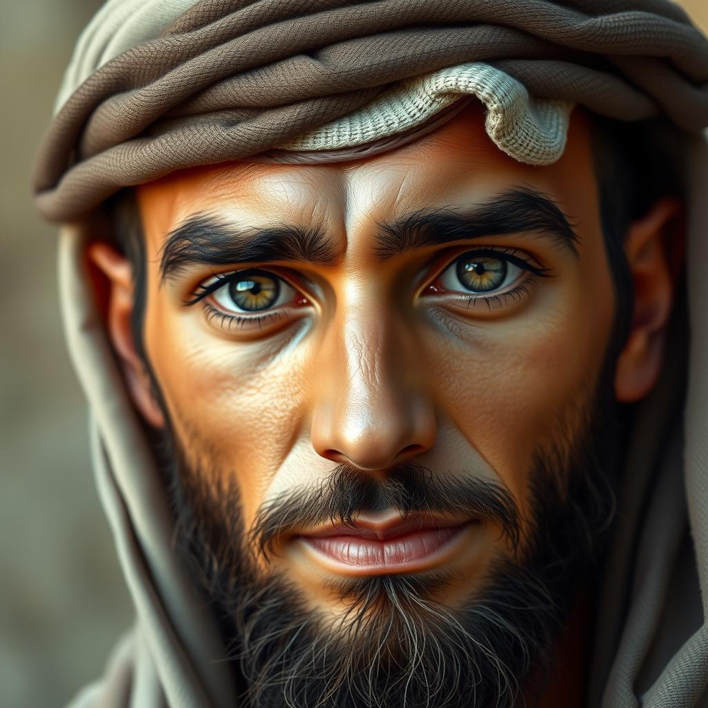 A realistic portrait of an Arab prophet featuring a beautiful, wheatish face with large, expressive eyes that convey kindness and wisdom