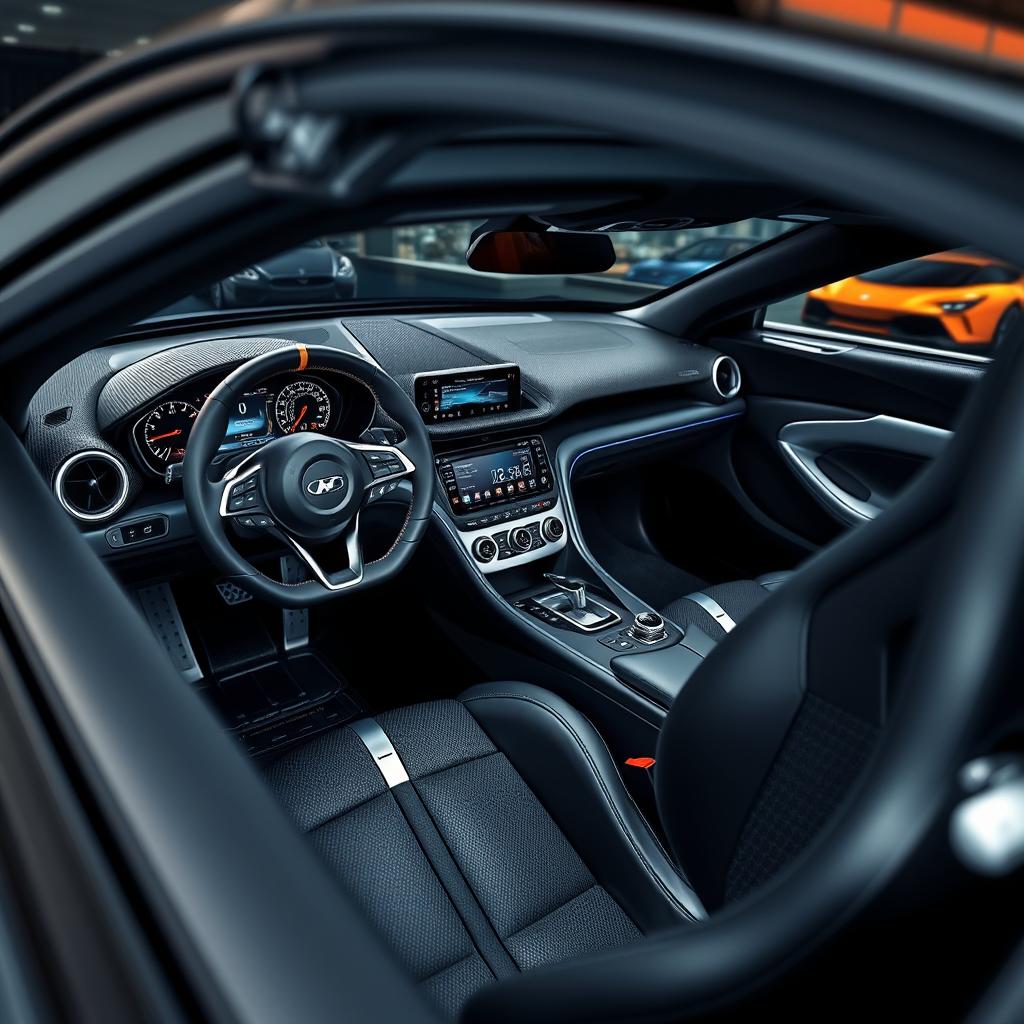 An elegant interior view of a high-performance sports car, showcasing a blend of cutting-edge technology and luxurious materials