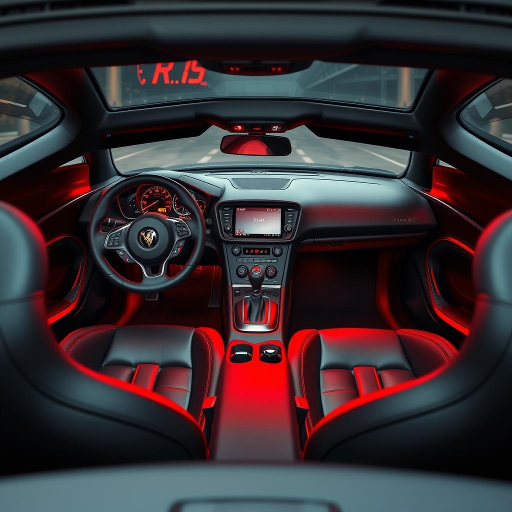 An intense and sporty interior view of a high-performance sports car, designed for an exhilarating driving experience