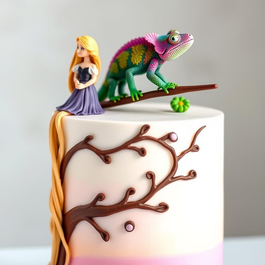 A beautiful single-tier tall cake, elegantly decorated with a detailed 3D chocolate branch artistically drawn on the side