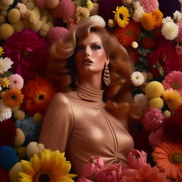 A supermodel from the 70s in a high fashion editorial photo shoot, surrounded by millions of vibrant, diverse flowers.