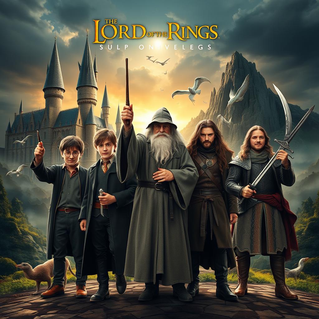 In a vivid and inspiring scene illustrating the convergence of the Harry Potter and Lord of the Rings universes, the central figures—Harry Potter, Gandalf the Grey, Newt Scamander, and Aragorn—stand together, each representing their unique qualities