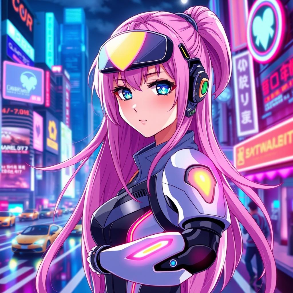 A stunning futuristic anime girl with long, flowing pink hair and piercing blue eyes