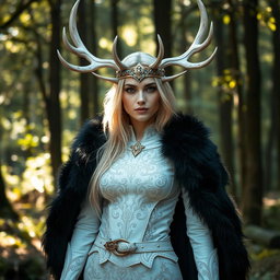 A captivating blond Russian woman wearing a druid-inspired ensemble that features a striking white leather outfit intricately designed with motifs of nature