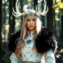 A captivating blond Russian woman wearing a druid-inspired ensemble that features a striking white leather outfit intricately designed with motifs of nature