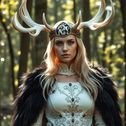 A captivating blond Russian woman wearing a druid-inspired ensemble that features a striking white leather outfit intricately designed with motifs of nature