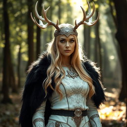 A captivating blond Russian woman wearing a druid-inspired ensemble that features a striking white leather outfit intricately designed with motifs of nature