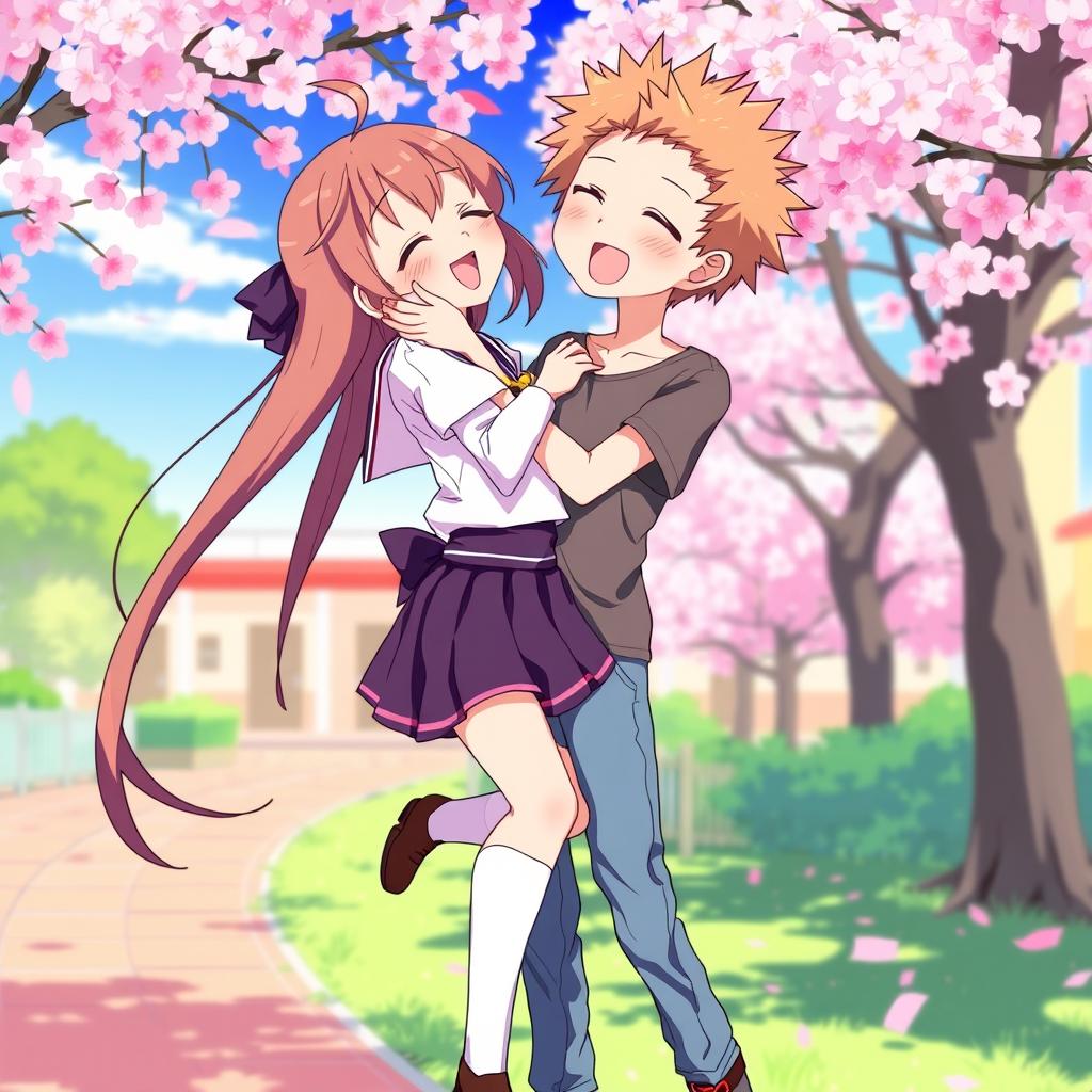 An anime-style illustration of a girl with long, flowing hair, playfully kissing a boy with short, spiky hair