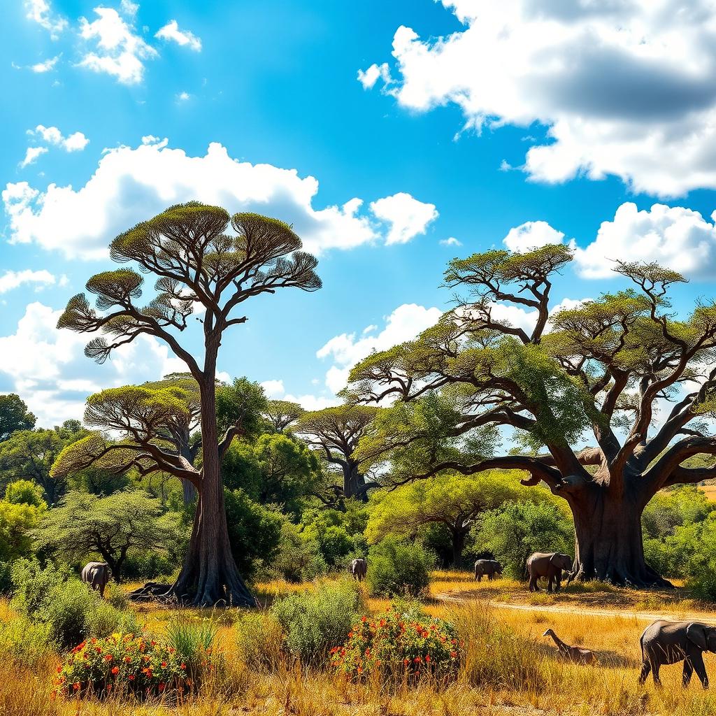 A vibrant scene of wild African trees in their natural habitat, showcasing a diverse range of flora