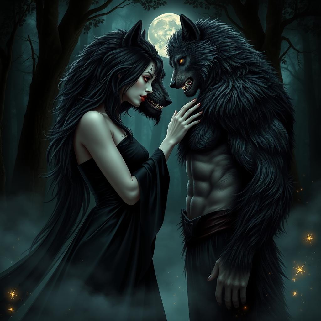 A forbidden love scene between a strikingly beautiful vampire and a rugged werewolf in an enchanted forest