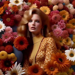 A supermodel from the 70s in a high fashion editorial photo shoot, surrounded by millions of vibrant, diverse flowers.