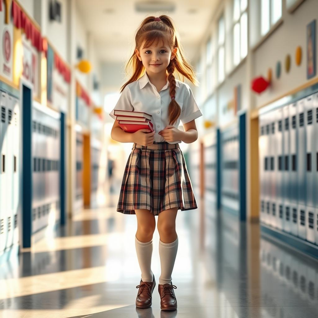 A stylish school girl in a classic uniform featuring a crisp white shirt, a plaid skirt, knee-high socks, and stylish shoes