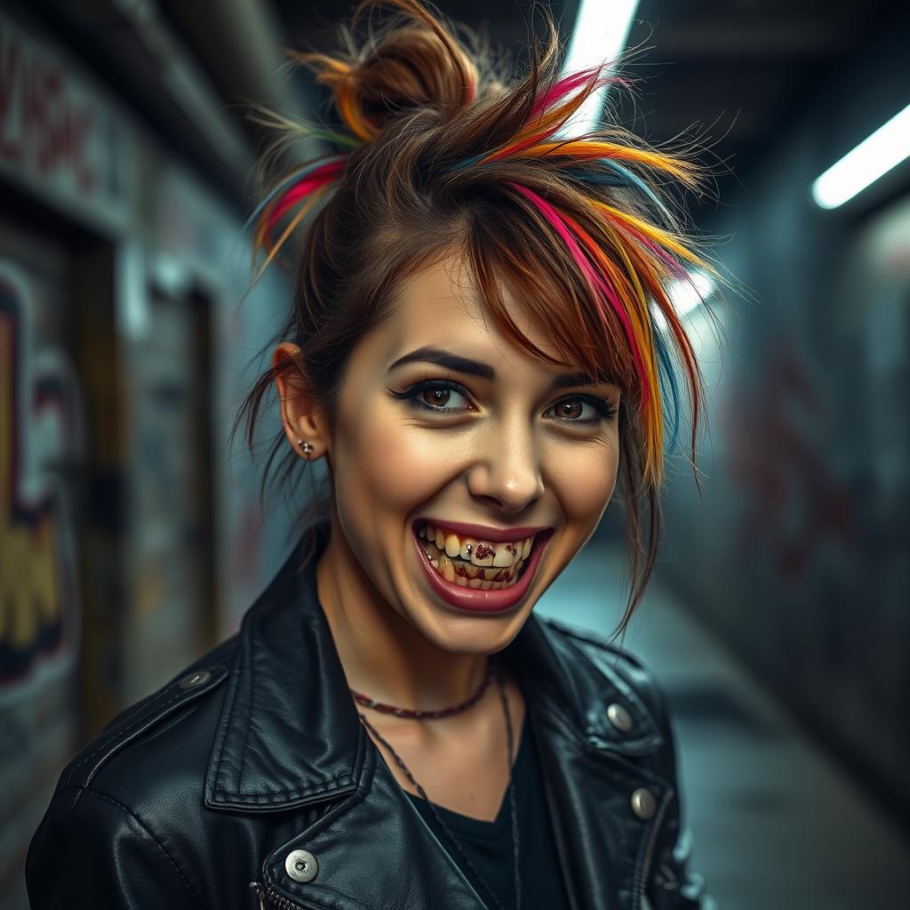 A young woman with distinct, heavily stained teeth, often associated with methamphetamine use, showcasing a rough and edgy look