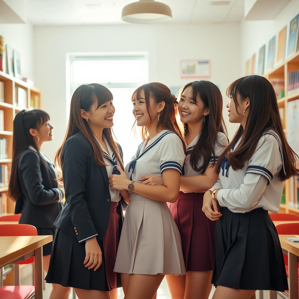 A vivid scene capturing a sensuous encounter in a school setting, featuring a group of girls in an engaging and playful atmosphere