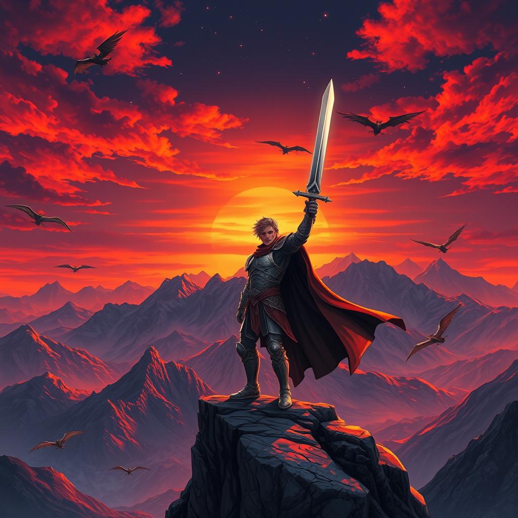An epic thumbnail featuring a stunning fantasy landscape in the background, showcasing a vast mountain range under a dramatic sunset