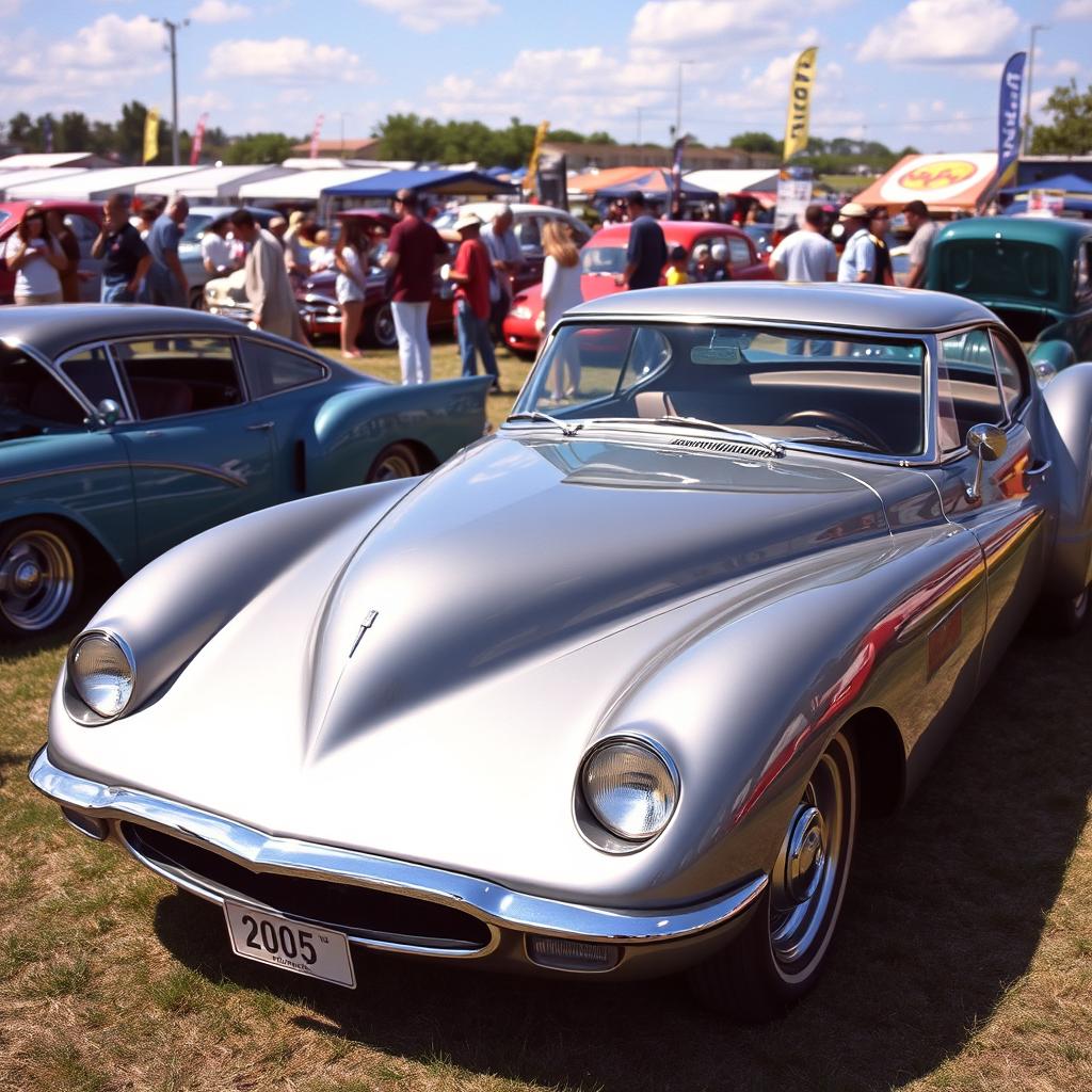 A vintage portrait of a classic car from the year 2005, featuring a sleek design, shiny chrome details, and vibrant colors