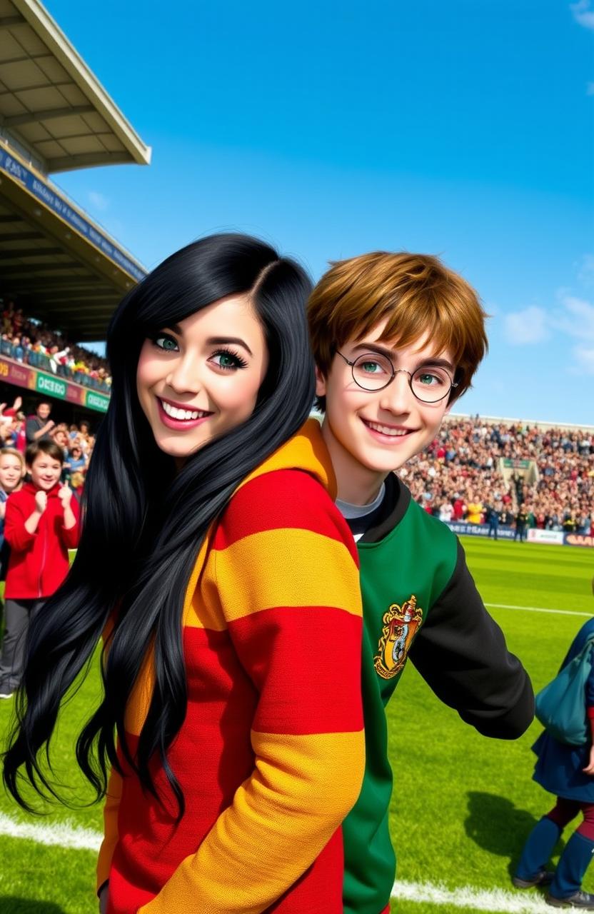 Oliver Wood, from Harry Potter, looking exhilarated after a Quidditch match, standing on the pitch with a stunning Hufflepuff girl beside him