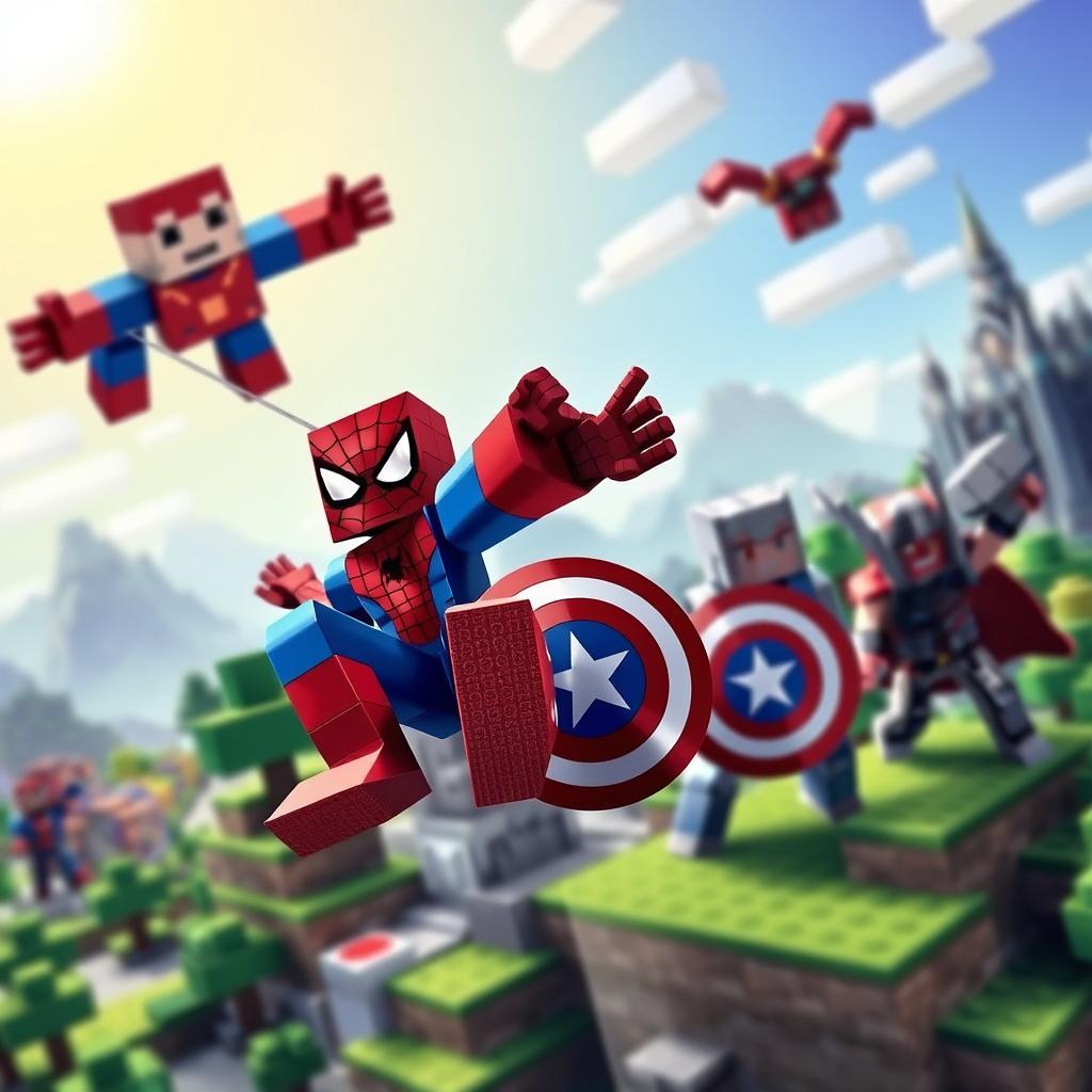 A vibrant and dynamic Minecraft-themed wallpaper featuring iconic Marvel superheroes in blocky, pixelated styles