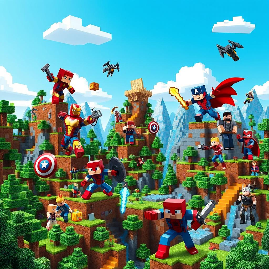 A vibrant and colorful wallpaper depicting Marvel superheroes integrated into a Minecraft world