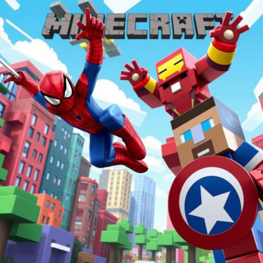 A vibrant Minecraft scene featuring popular Marvel superheroes like Spider-Man swinging through the city, Iron Man flying above, and Captain America ready for battle with his shield