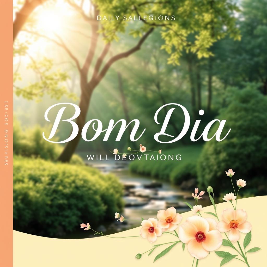 A serene and inviting devotional book cover design titled 'Bom Dia', featuring a peaceful morning scene with soft sunlight filtering through trees