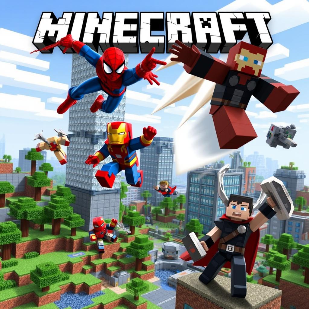 A lively Minecraft world featuring an ensemble of Marvel superheroes, including Spider-Man swinging from a blocky skyscraper, Iron Man zooming through the pixelated air, and Thor wielding his hammer, Mjolnir, in a heroic pose