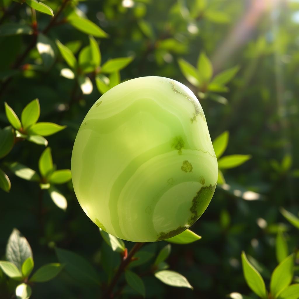A vibrant, luminous jade stone set against a soft, blurred natural background filled with lush green foliage