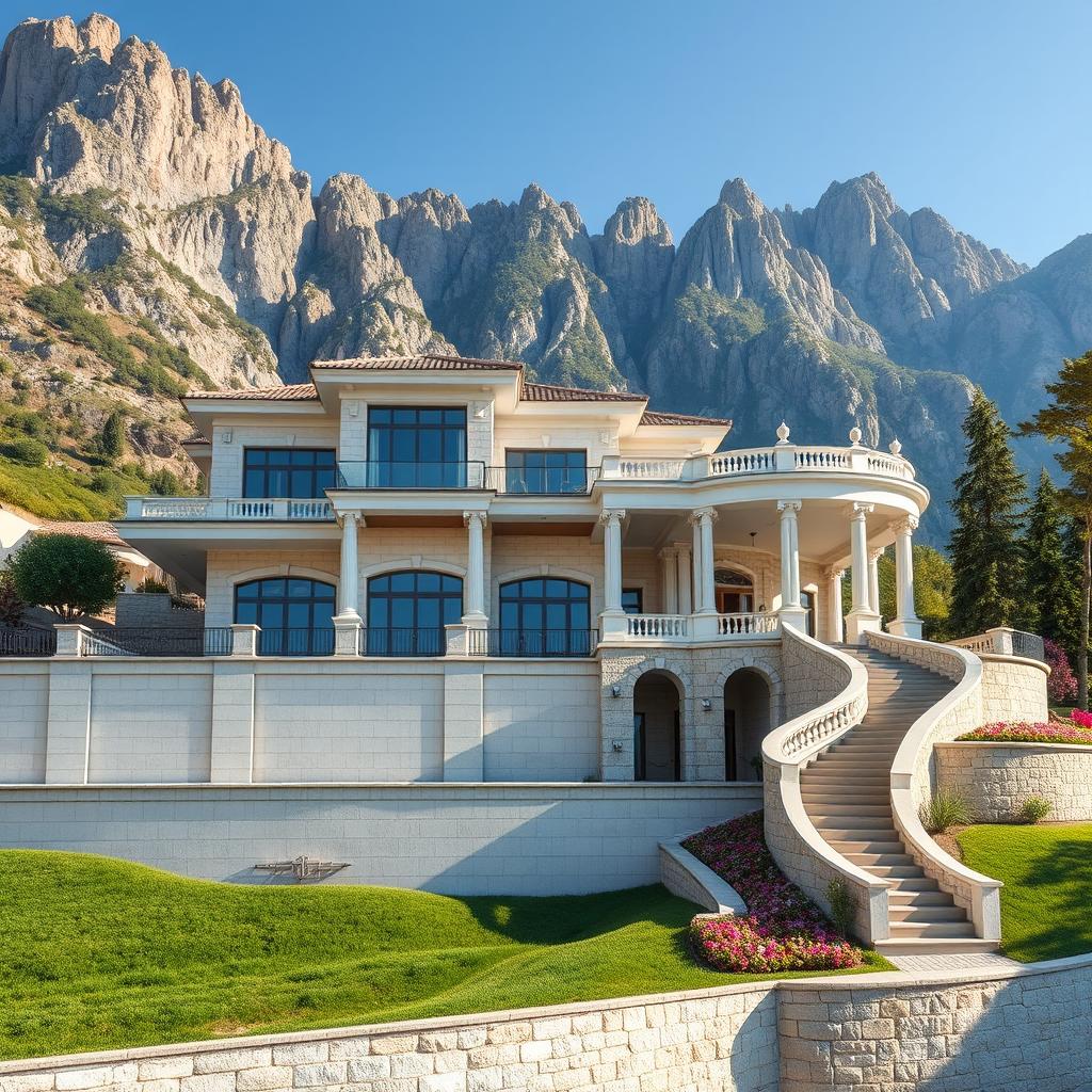 A luxurious duplex house nestled in the foothills of towering mountains, elegantly constructed atop a 4-meter high concrete wall