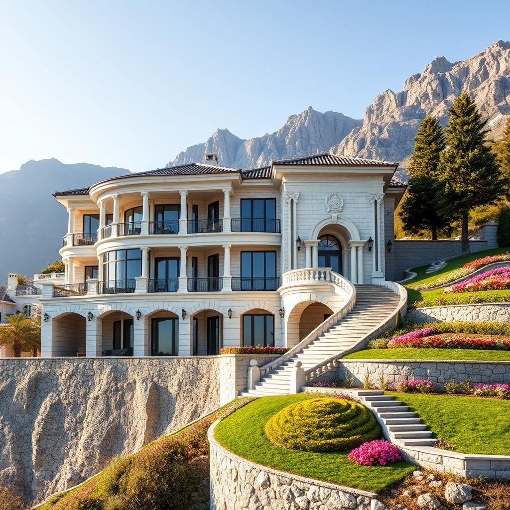 A luxurious duplex house situated on a stunning 4-meter high concrete wall at the foothills of tall mountains
