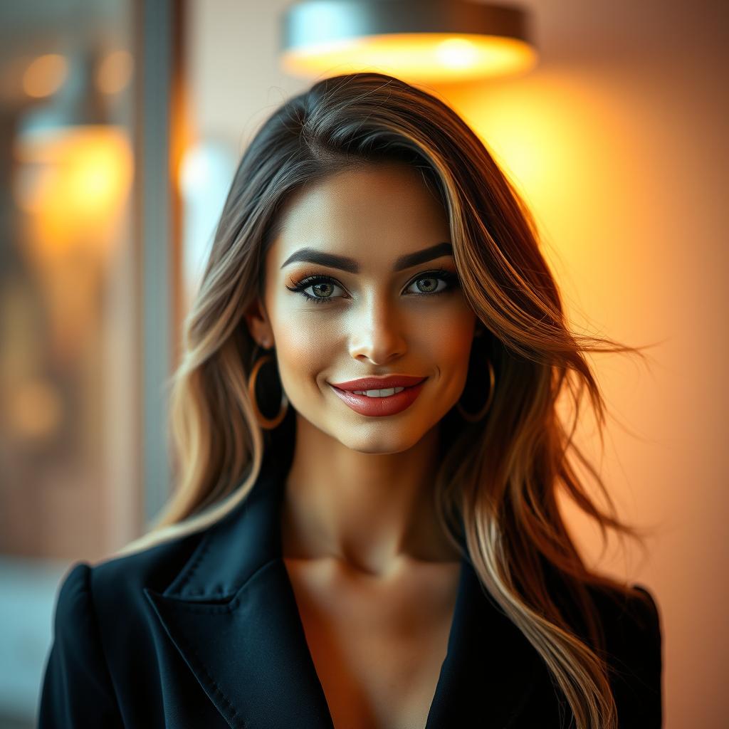 A glamorous and captivating portrait of a charming and confident woman, dressed in a stylish and elegant outfit