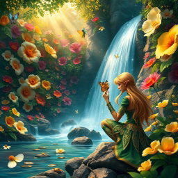 A fantasy scene in a lush, enchanted forest filled with vibrant, oversized flowers