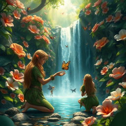 A fantasy scene in a lush, enchanted forest filled with vibrant, oversized flowers