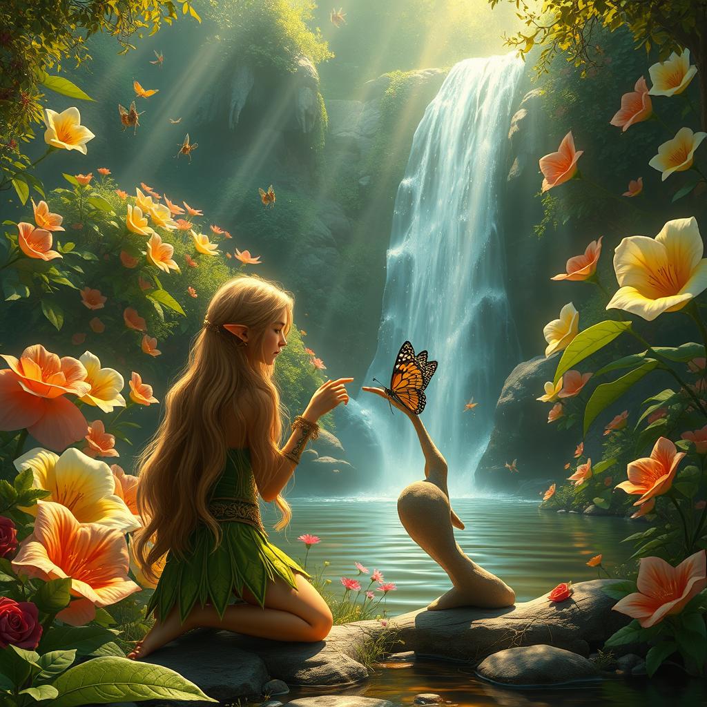 A fantasy scene in a lush, enchanted forest filled with vibrant, oversized flowers