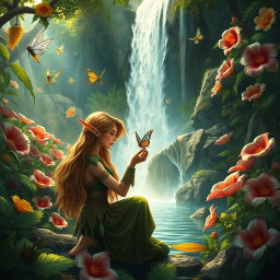 A fantasy scene in a lush, enchanted forest filled with vibrant, oversized flowers
