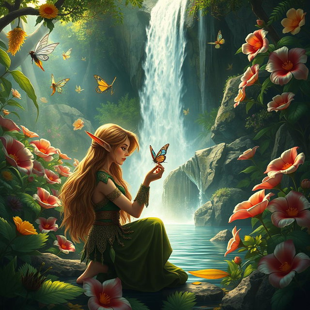 A fantasy scene in a lush, enchanted forest filled with vibrant, oversized flowers