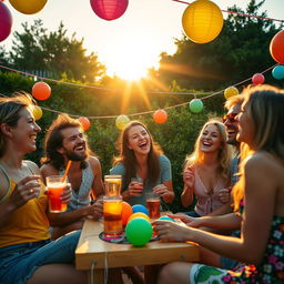 A vibrant and energetic scene depicting a group of friends enjoying a lively outdoor summer party, laughing and having fun