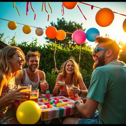A vibrant and energetic scene depicting a group of friends enjoying a lively outdoor summer party, laughing and having fun