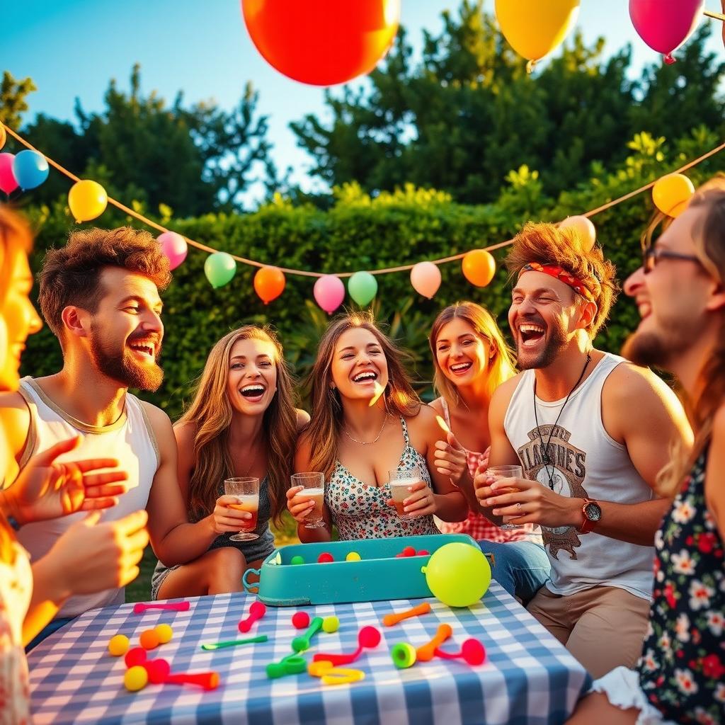 A vibrant and energetic scene depicting a group of friends enjoying a lively outdoor summer party, laughing and having fun