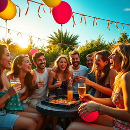 A vibrant and energetic scene depicting a group of friends enjoying a lively outdoor summer party, laughing and having fun