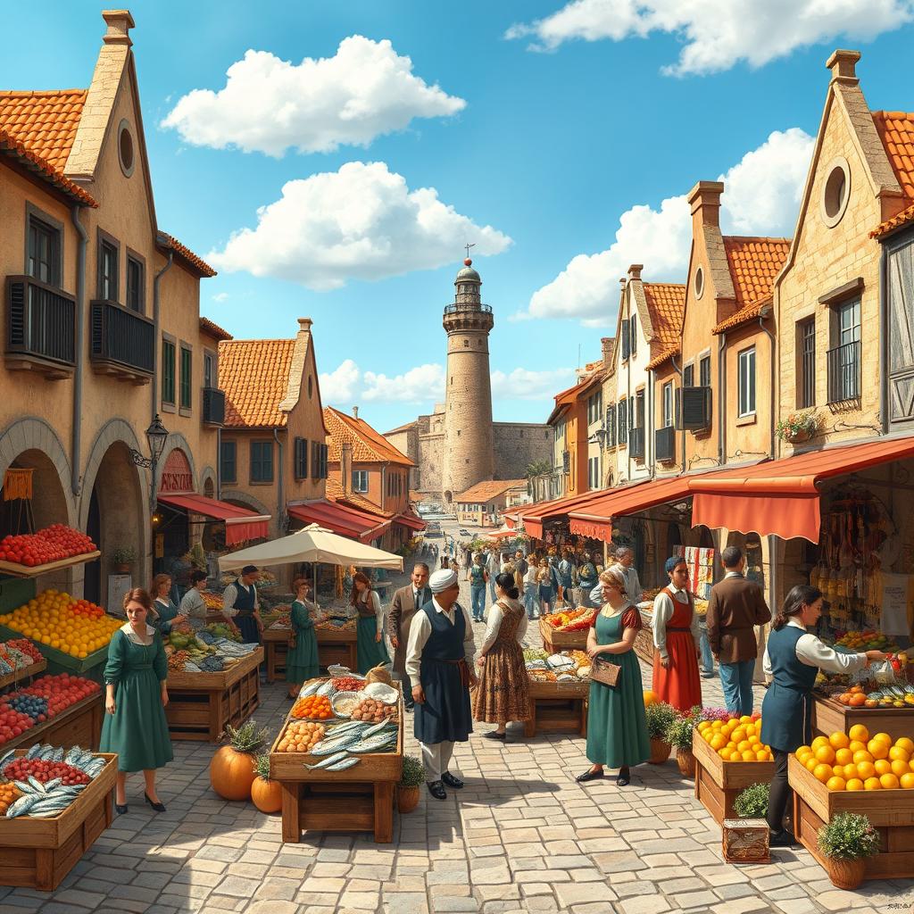 A detailed and imaginative scene featuring a medieval marketplace in the city of Gijón, bustling with activity