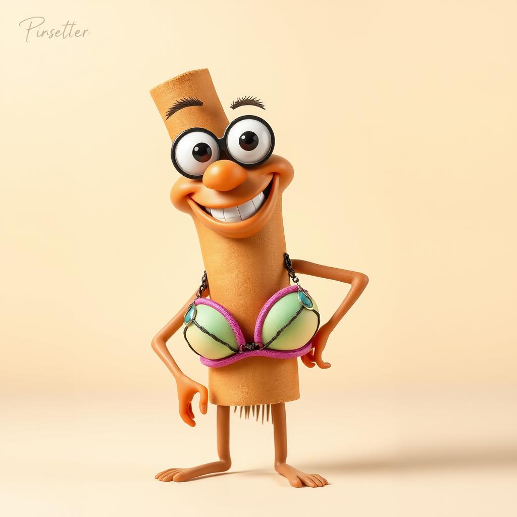 A humorous anthropomorphized cigarette character wearing a stylish and vibrant bra