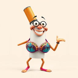 A humorous anthropomorphized cigarette character wearing a stylish and vibrant bra