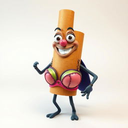 A humorous anthropomorphized cigarette character wearing a stylish and vibrant bra