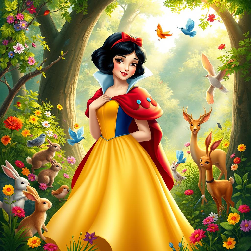 A whimsical and enchanting scene featuring an elegant Snow White in her iconic dress with yellow skirt, blue bodice, and red cape